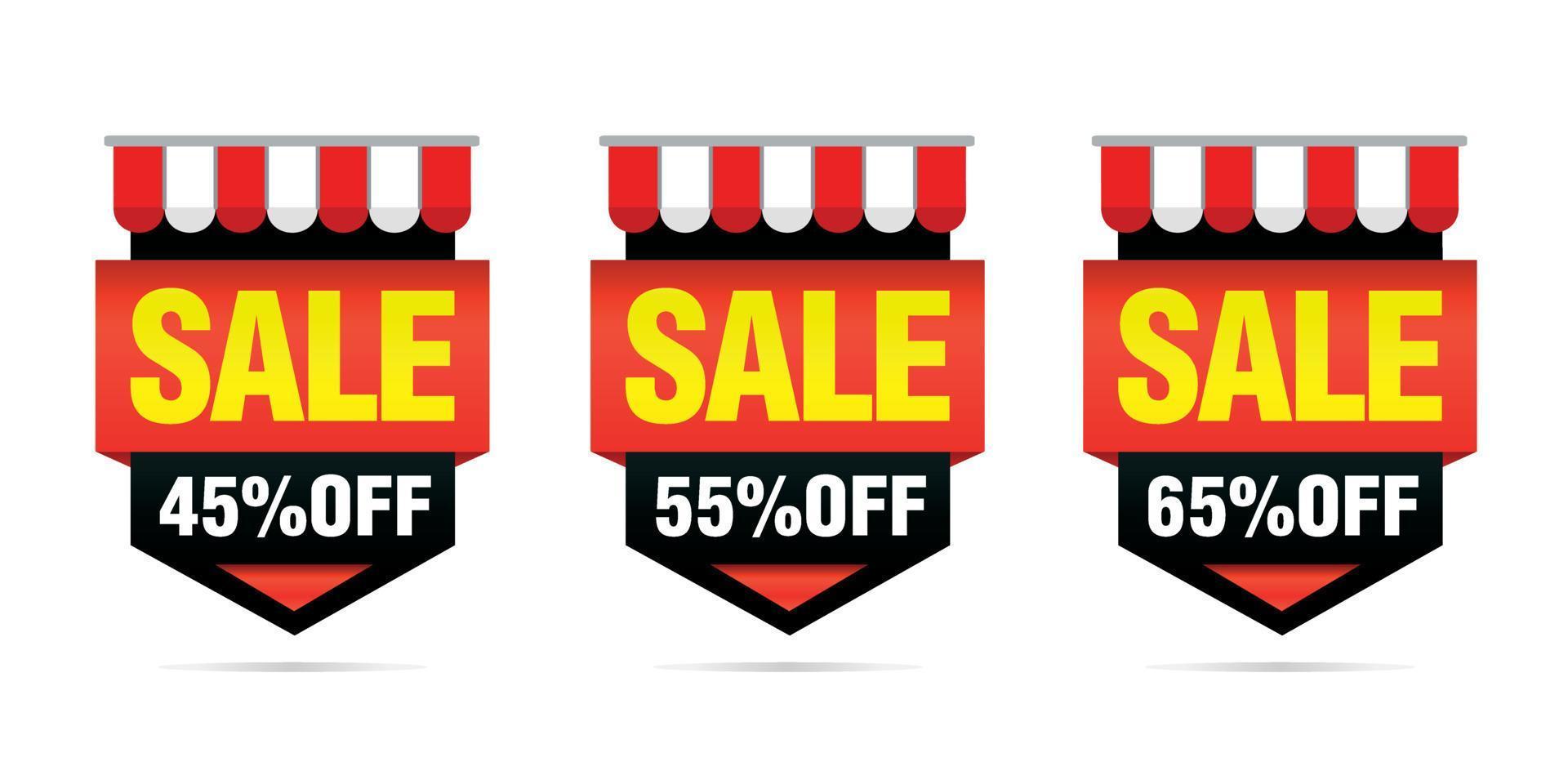 Shopping sale. Black, red set of sale badges 45, 55, 65 percent off vector