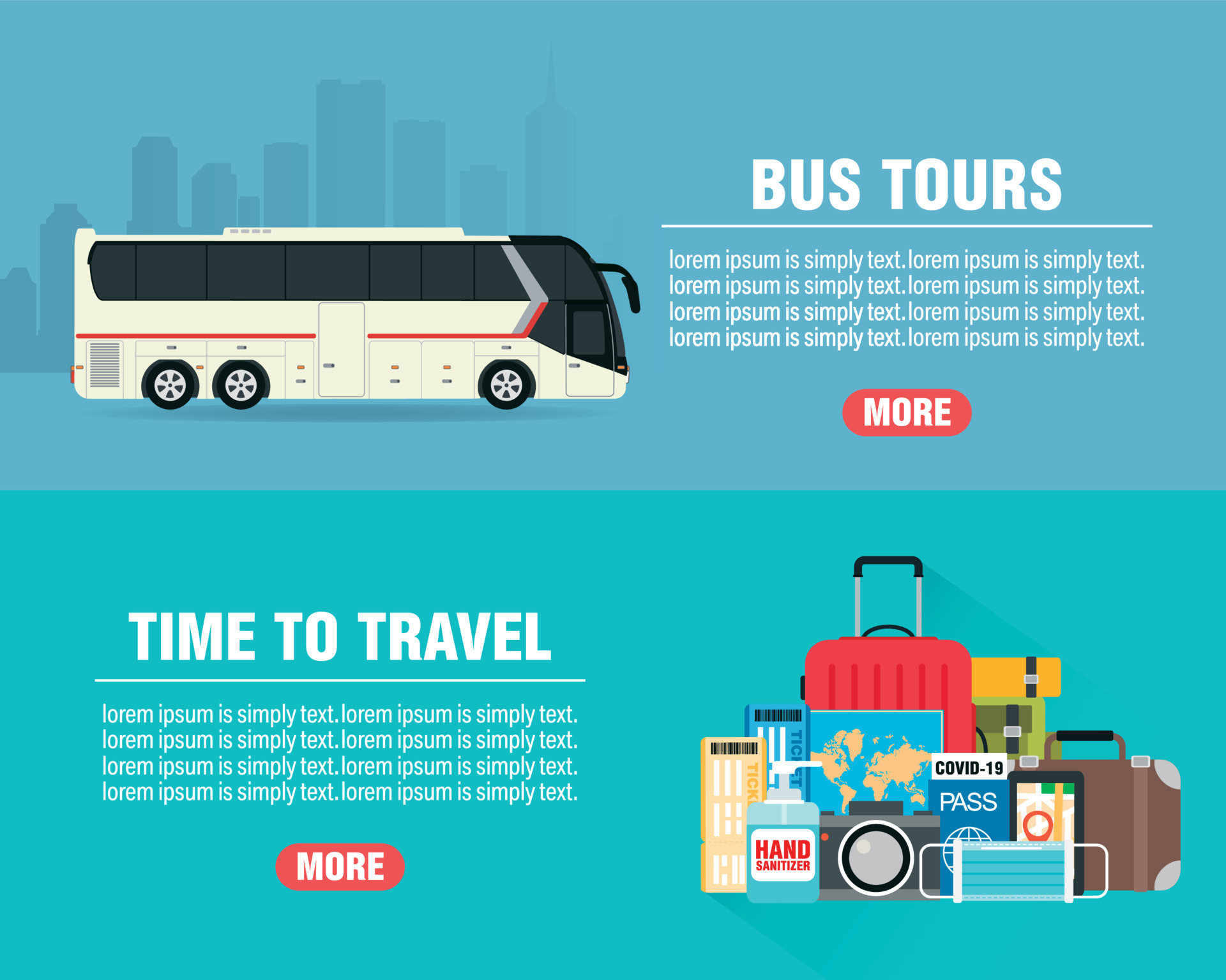 Bus tours concept design flat banners set. Time to travel. Travel icon
