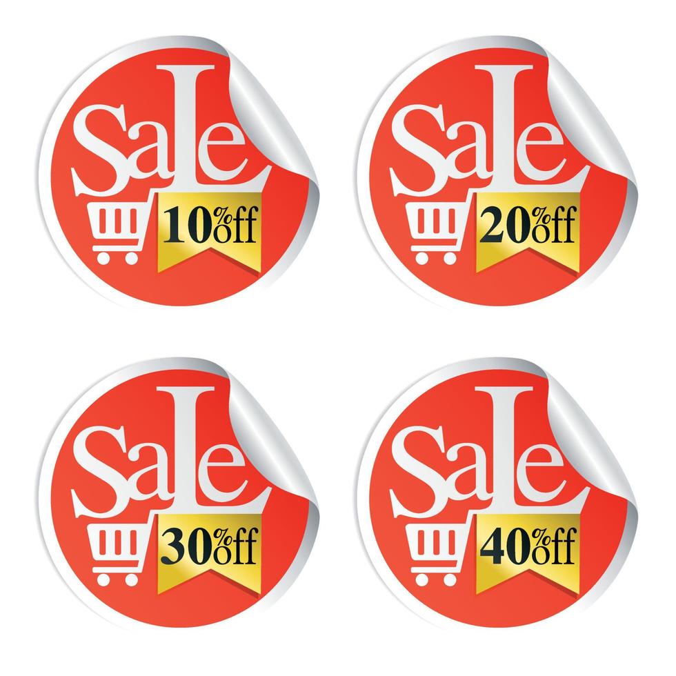 Sale stickers with shopping cart 10,20,30,40 percent off vector