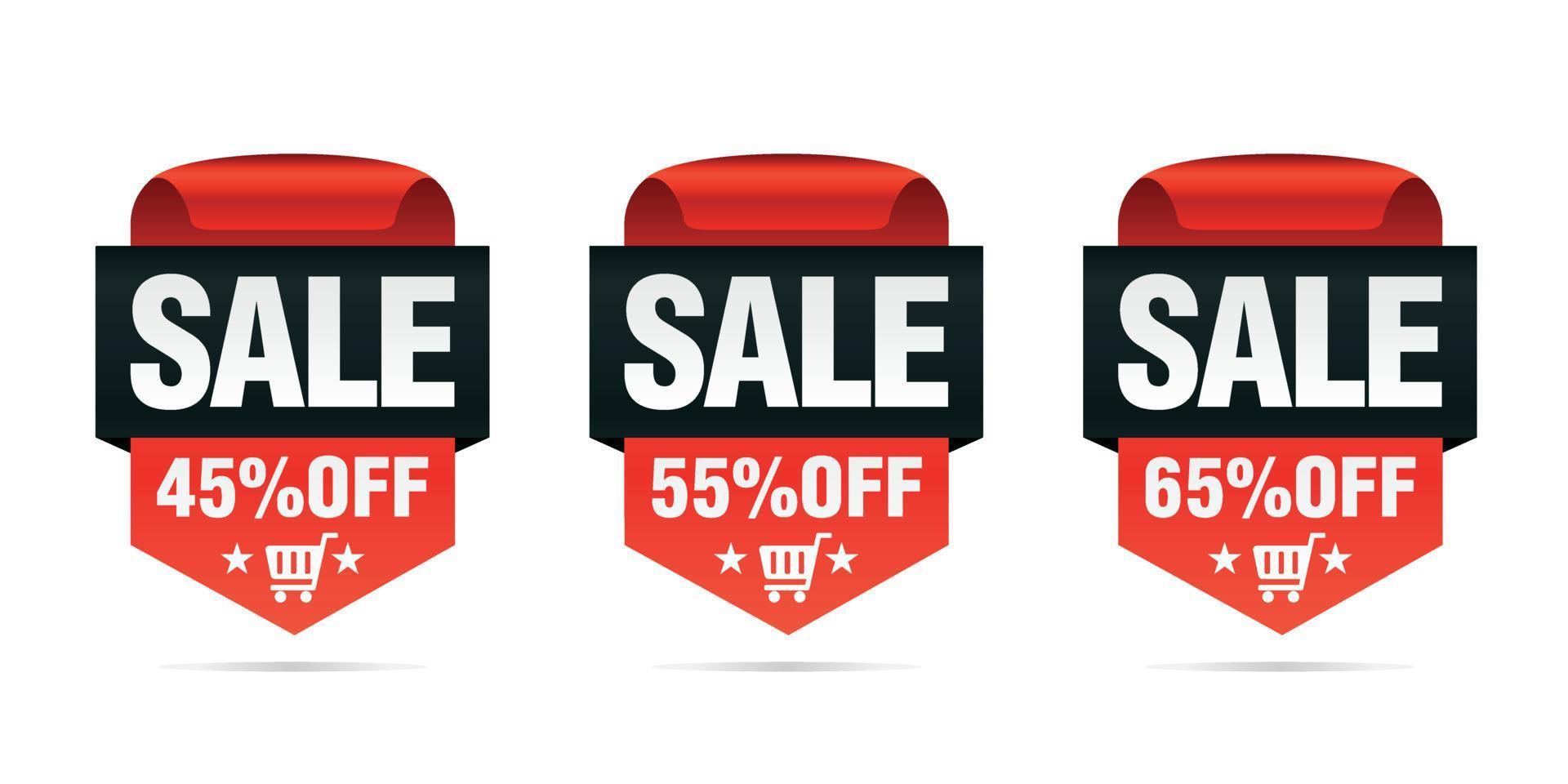 Red set of sale badges 45, 55, 65 percent off with shopping cart vector