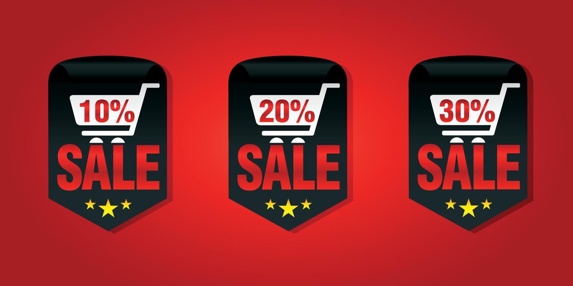 Set of sale badges 10, 20, 30 percent off with shopping cart vector