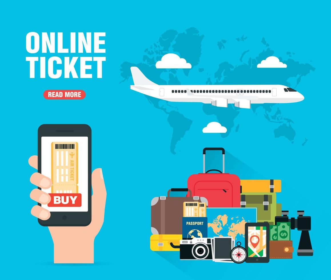 Online ticket buy. Time to travel concept design flat banner with airplane vector