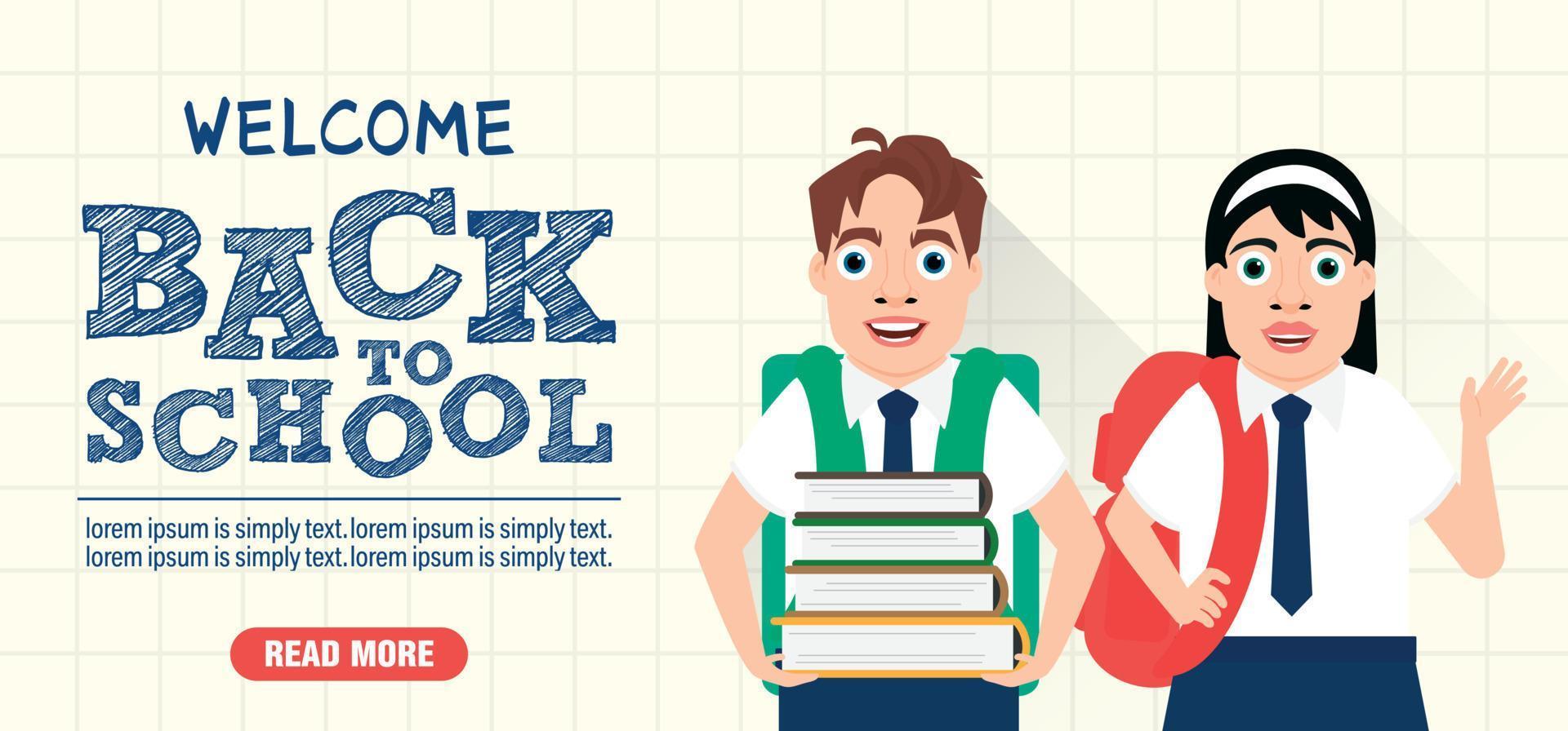 Welcome back to school. Back to school concept design flat banner with school students vector