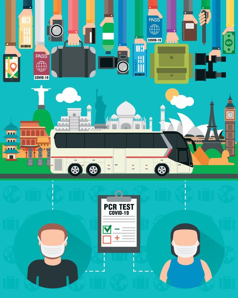 Travel flat design. Travel by bus. A couple of tourists ready to travel. People with a negative PCR test for coronavirus. Signs of Covid-19 prevention vector