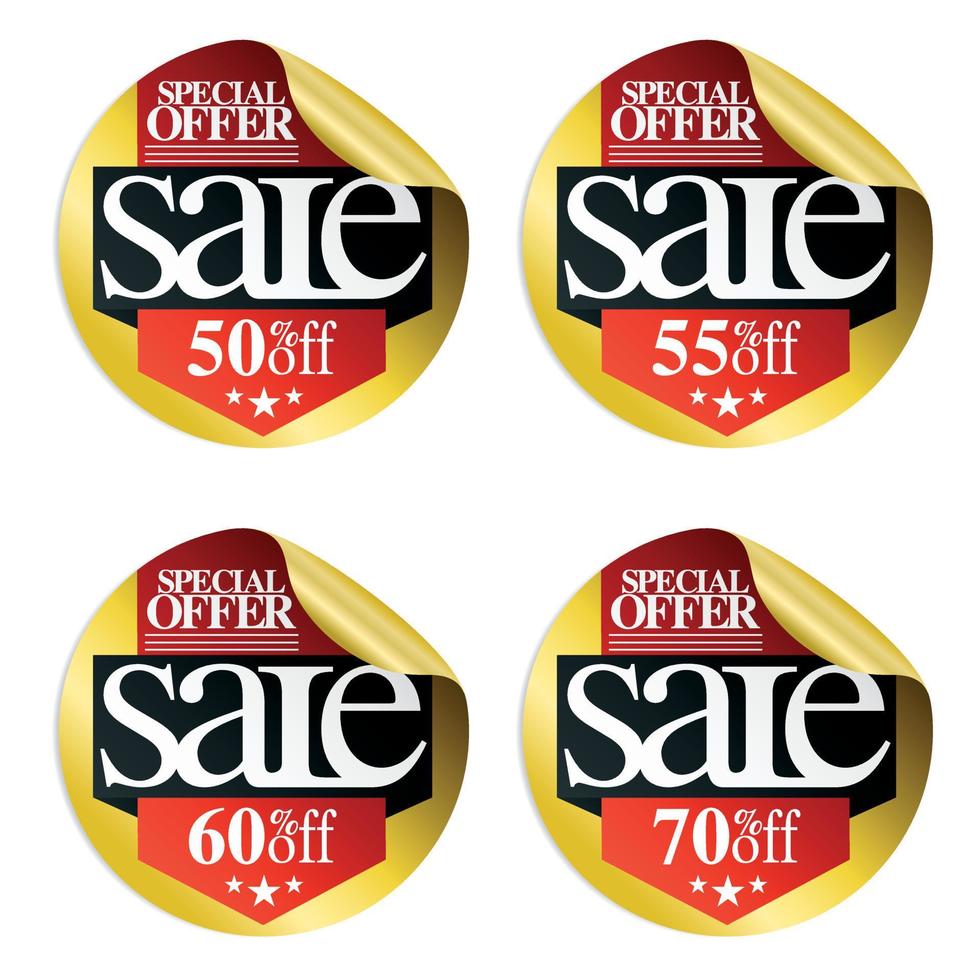 Gold sale stickers with red ribbon 50,55,60,70 percent off vector