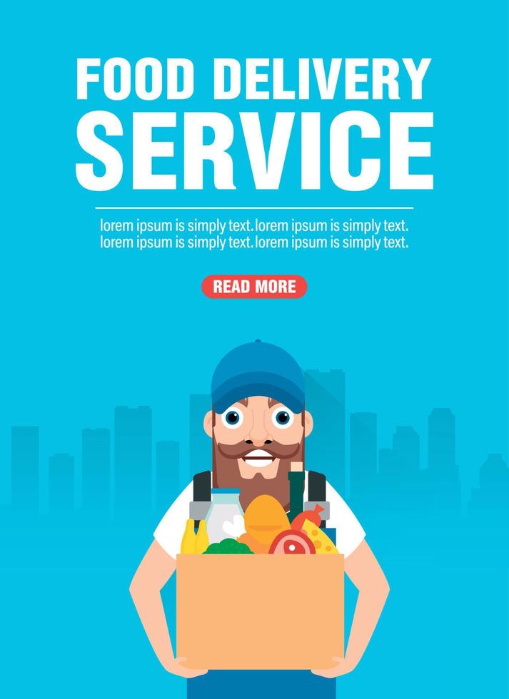 Food delivery service concept design flat banner with deliveryman food vector