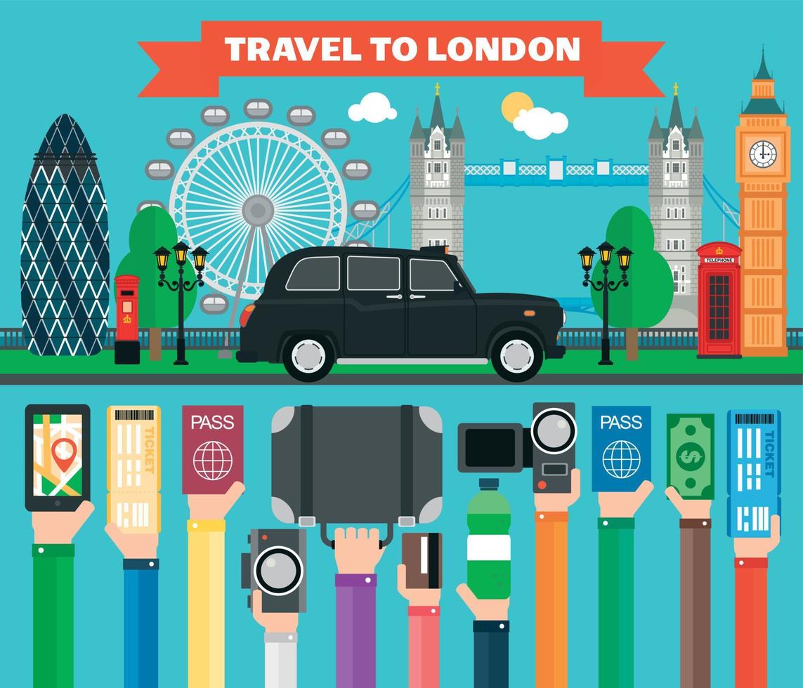 diseño de concepto de viaje de londres plano con taxi vector