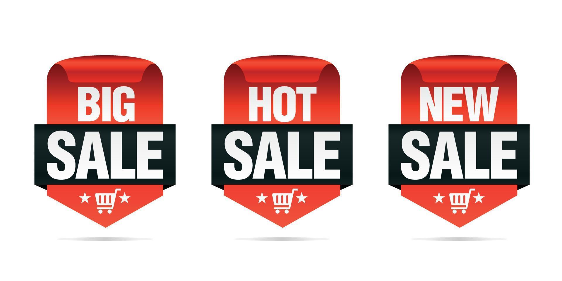 Red set of sale badges big, hot, new off with shopping cart vector