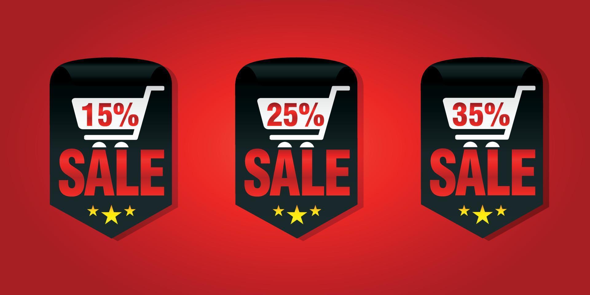 Set of sale badges 15, 25, 35 percent off with shopping cart vector