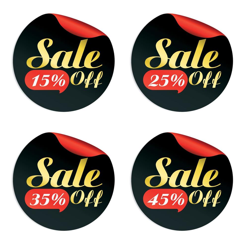 pegatinas de venta negras, rojas y doradas con burbujas 15, 25, 35, 45 por ciento de descuento vector