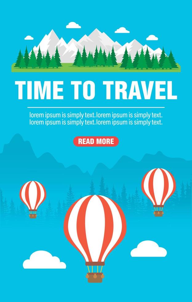 Time to travel design flat banner. Balloon travel vector