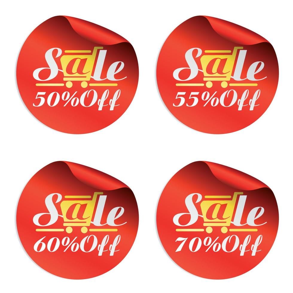 Red sale stickers 50, 55, 60, 70 percent off with gold shopping cart vector