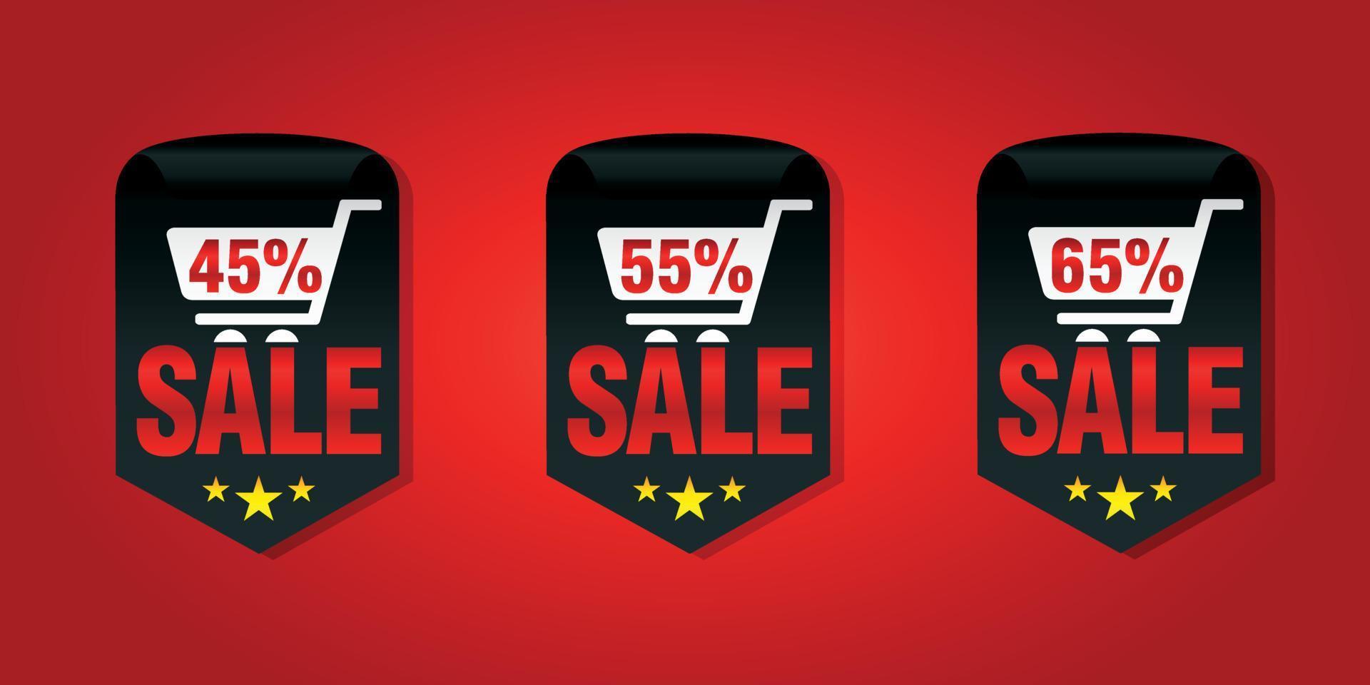 Set of sale badges 45, 55, 65 percent off with shopping cart vector