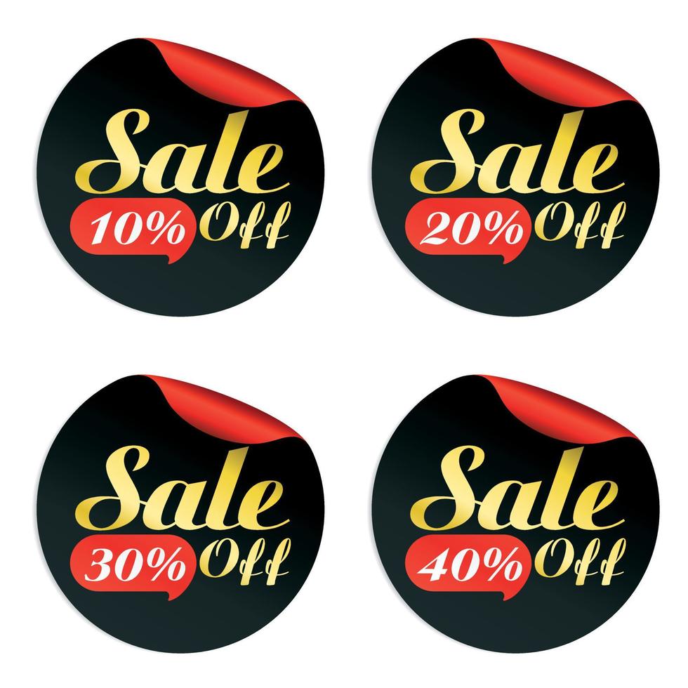 Black, red, gold sale stickers set with bubble 10, 20, 30, 40 percent off vector