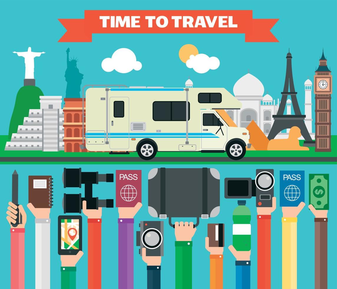 Travel composition with famous world modern flat design with camper,trailer vector