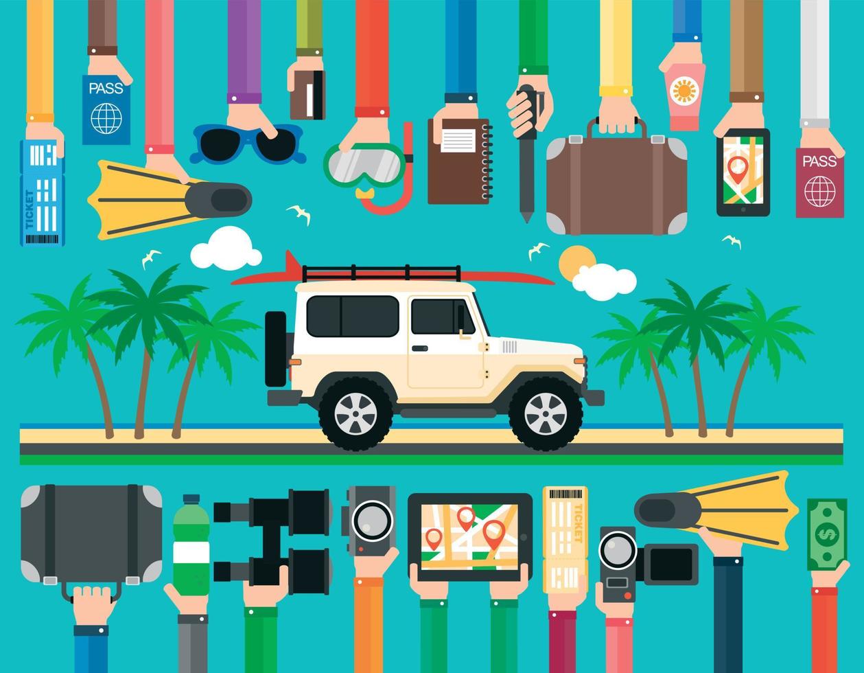 Summer travel flat design with SUV and surfboard vector