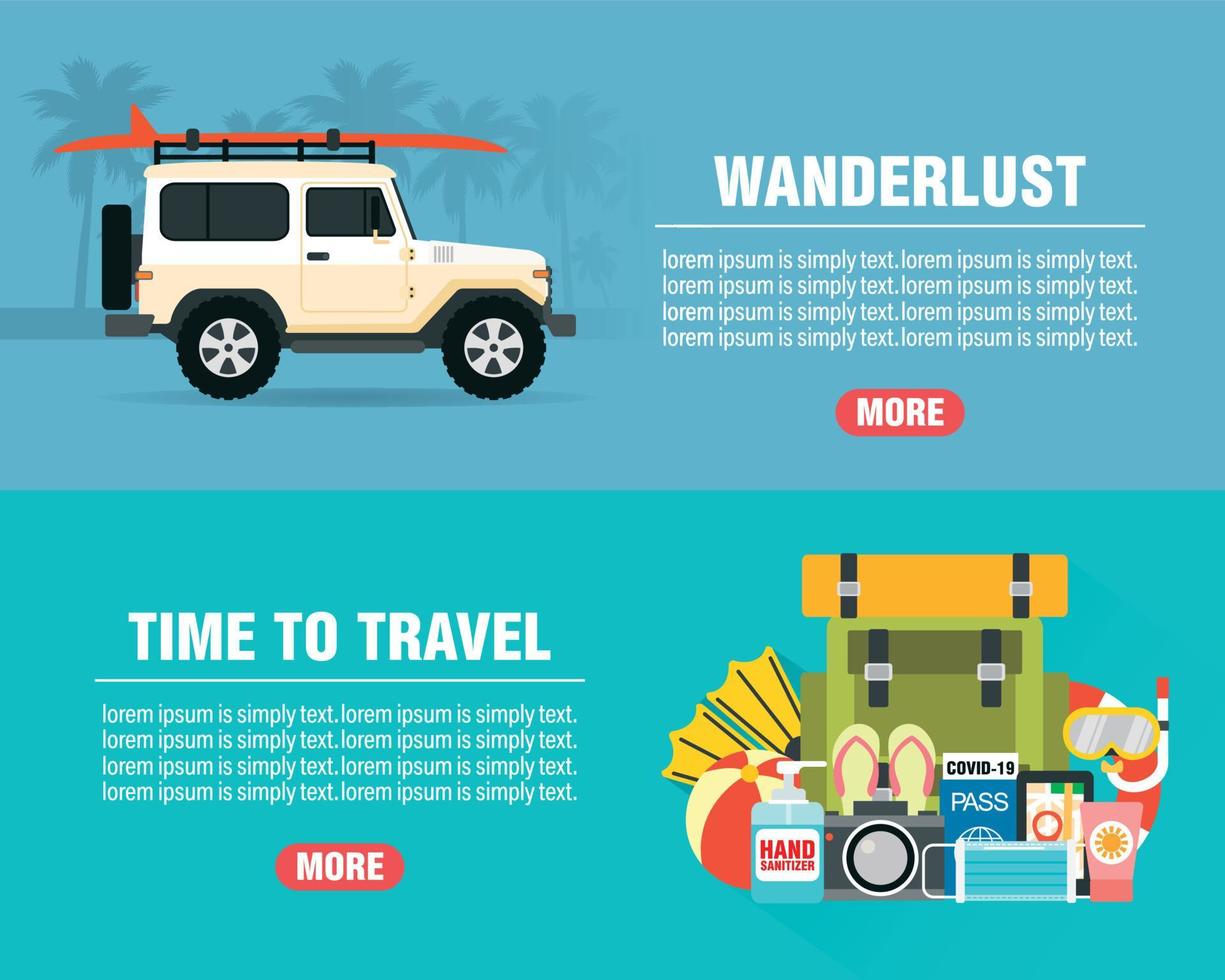 Summer wanderlust concept design flat banners set with suv. Time to travel. Travel icon. Safe journey vector