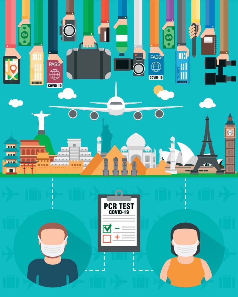 diseño plano de viaje. viajar por avión. un par de turistas listos para viajar. personas con una prueba pcr negativa para coronavirus. señales de prevención covid-19 vector