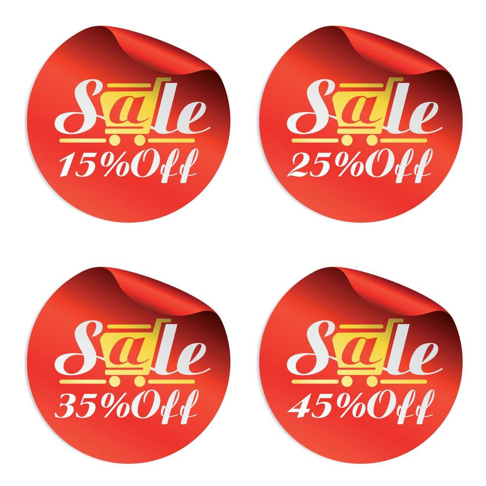 Red sale stickers 15, 25, 35, 45 percent off with gold shopping cart vector