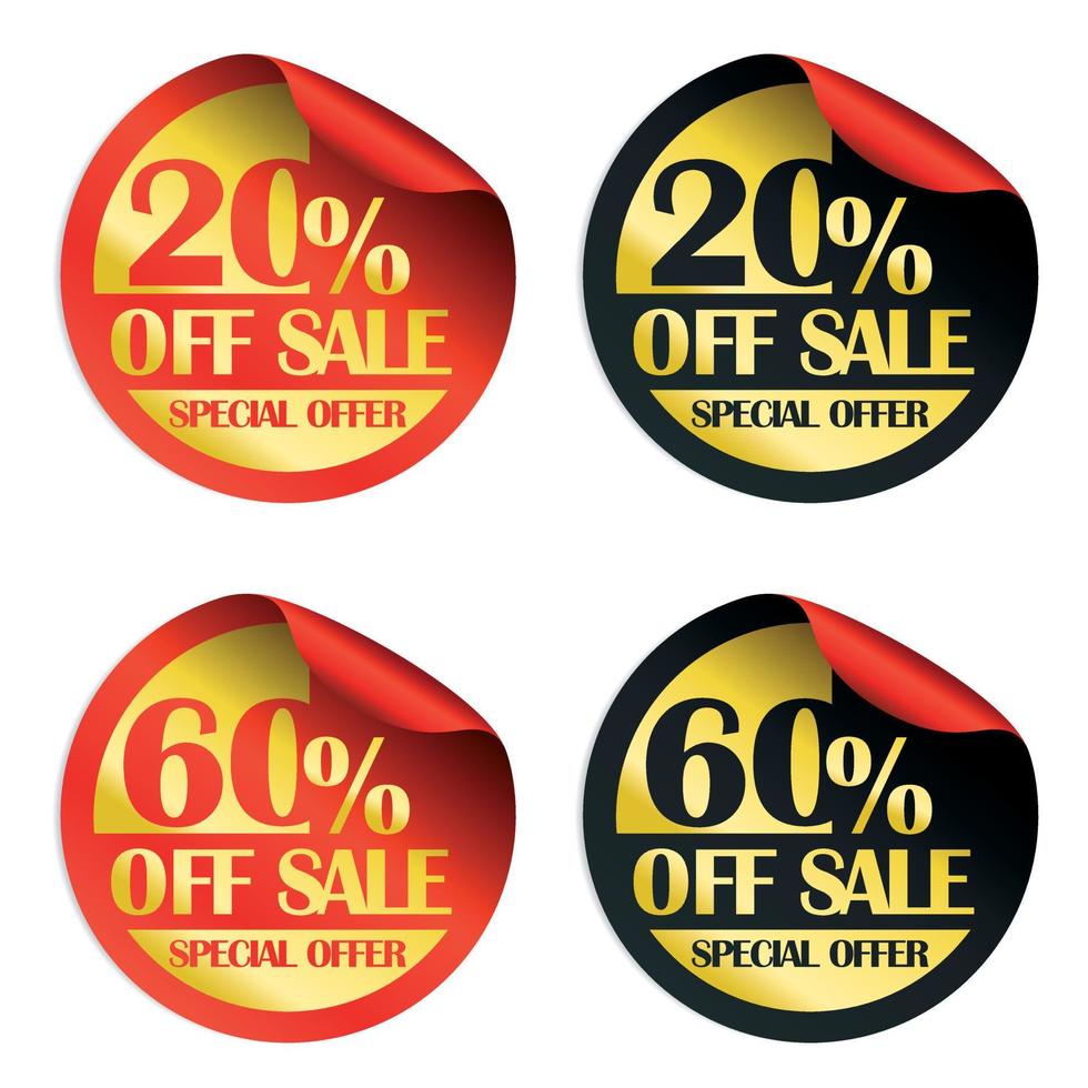 Red and black 20, 60 percent off sale, special offer stickers set vector