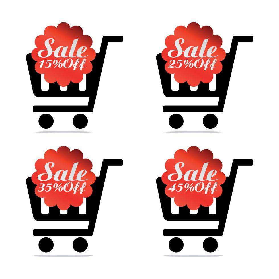 Red sale icons set 15, 25, 35, 45 percent off with shopping trolley. vector