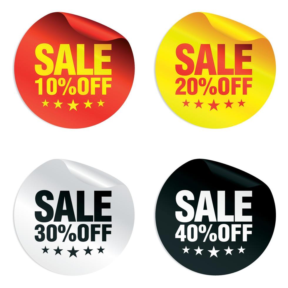 Sale colorful stickers set 10, 20, 30, 40 percent off with stars vector