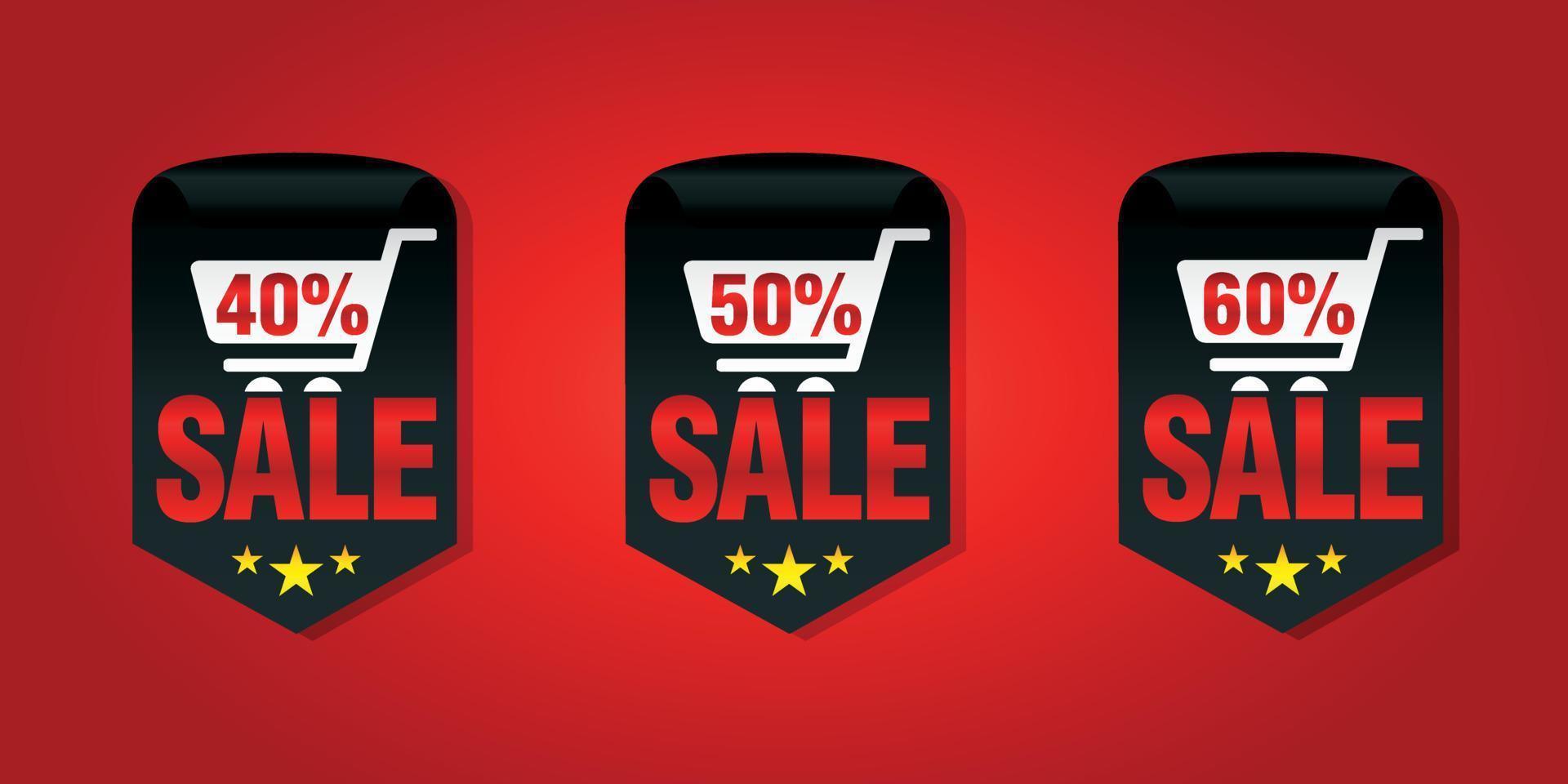 Set of sale badges 40, 50, 60 percent off with shopping cart vector