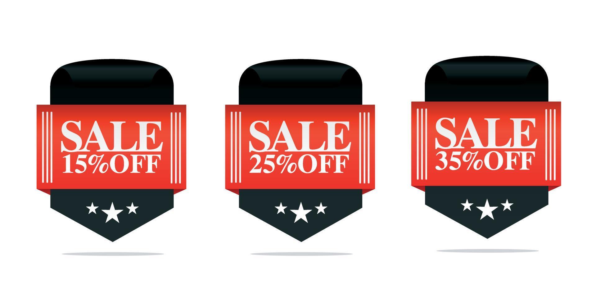 Set of sale badges, 15, 25, 35 percent off vector