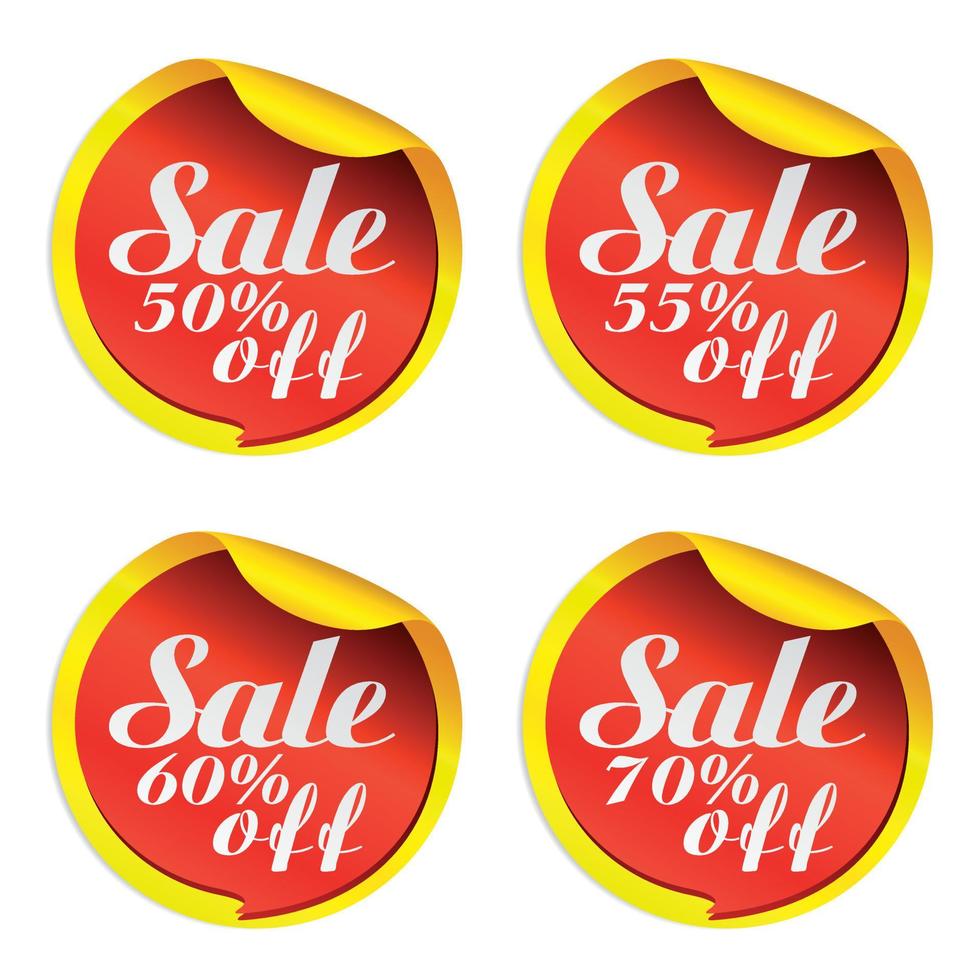 Yellow sale stickers set with red bubble 50, 55, 60, 70 off vector