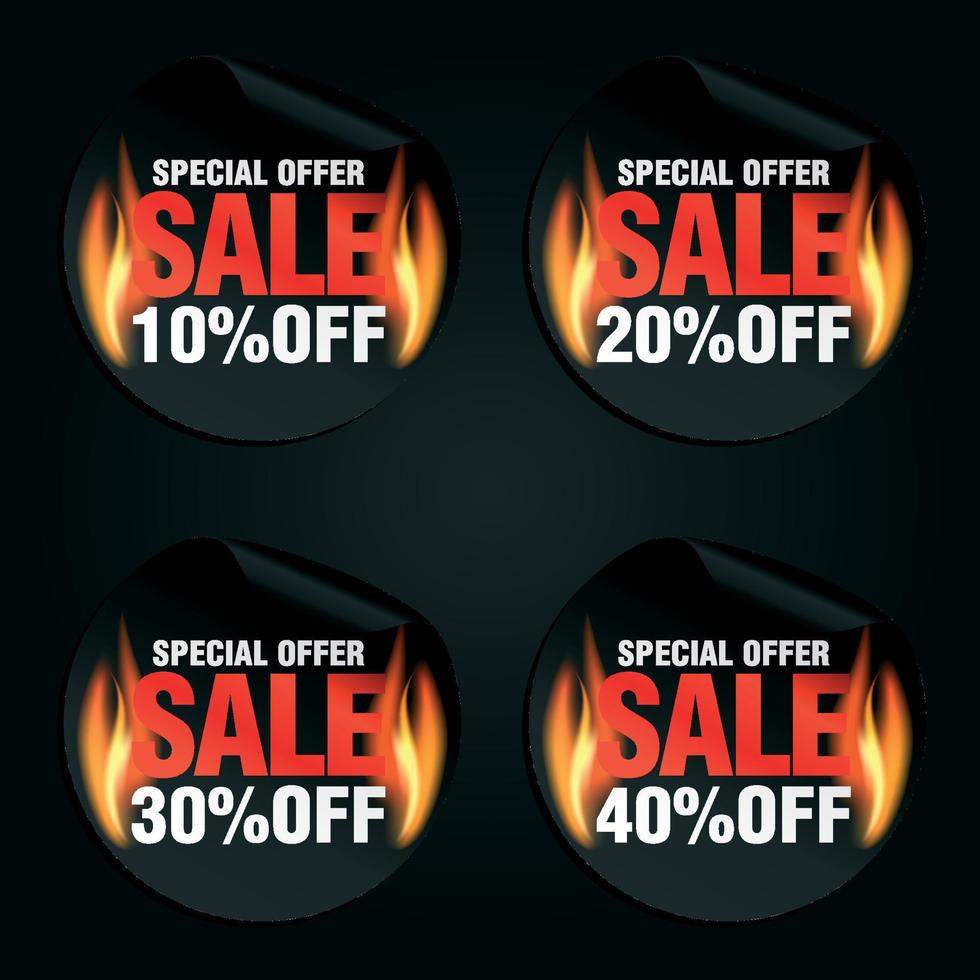 Special offer, sale black stickers set with flame fire 10, 20, 30, 40 percent off vector