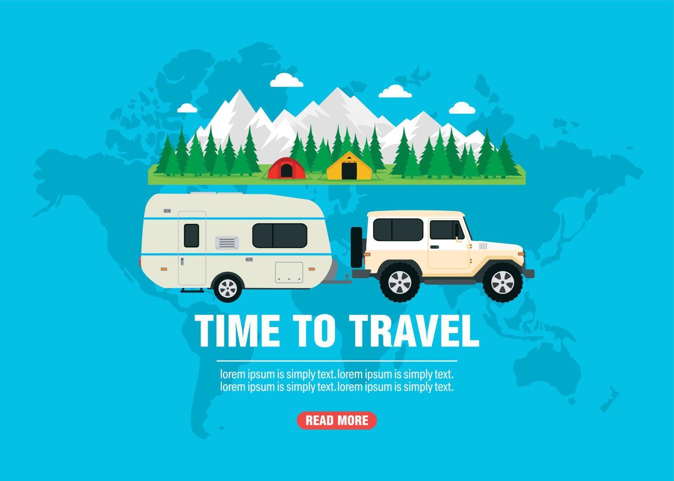 tiempo para viajar, banner de diseño plano de campamento de verano vector