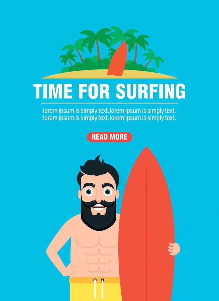 Time for surfing. Surfer concept design flat banner vector