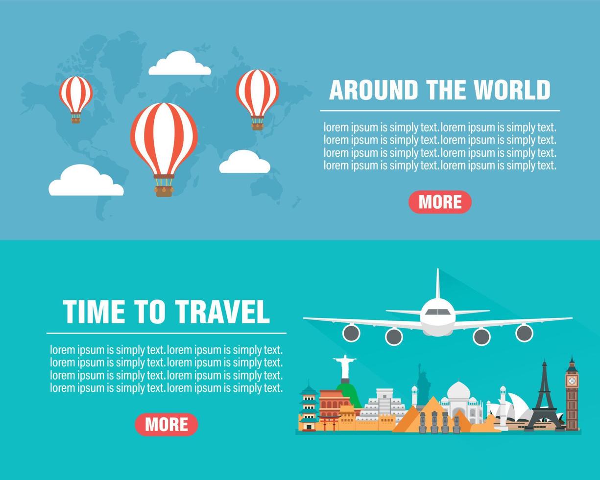 Time to travel concept design flat banners set. Around the world. Travel composition with famous world landmarks vector