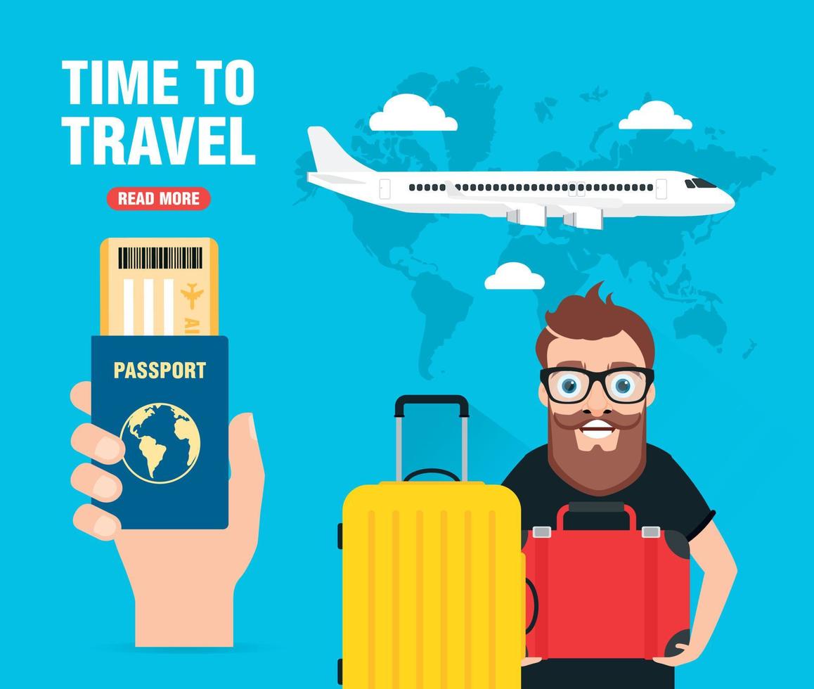 Time to travel concept design flat banner with traveler vector