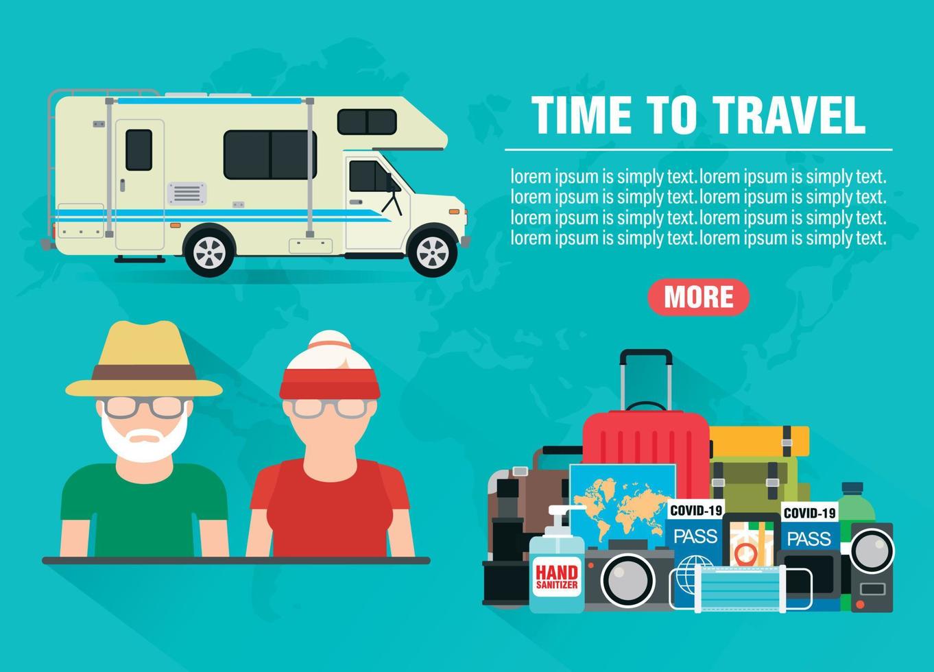 tiempo para viajar banner plano de diseño de concepto de personas mayores con camper, remolque. icono de viaje. viaje seguro vector