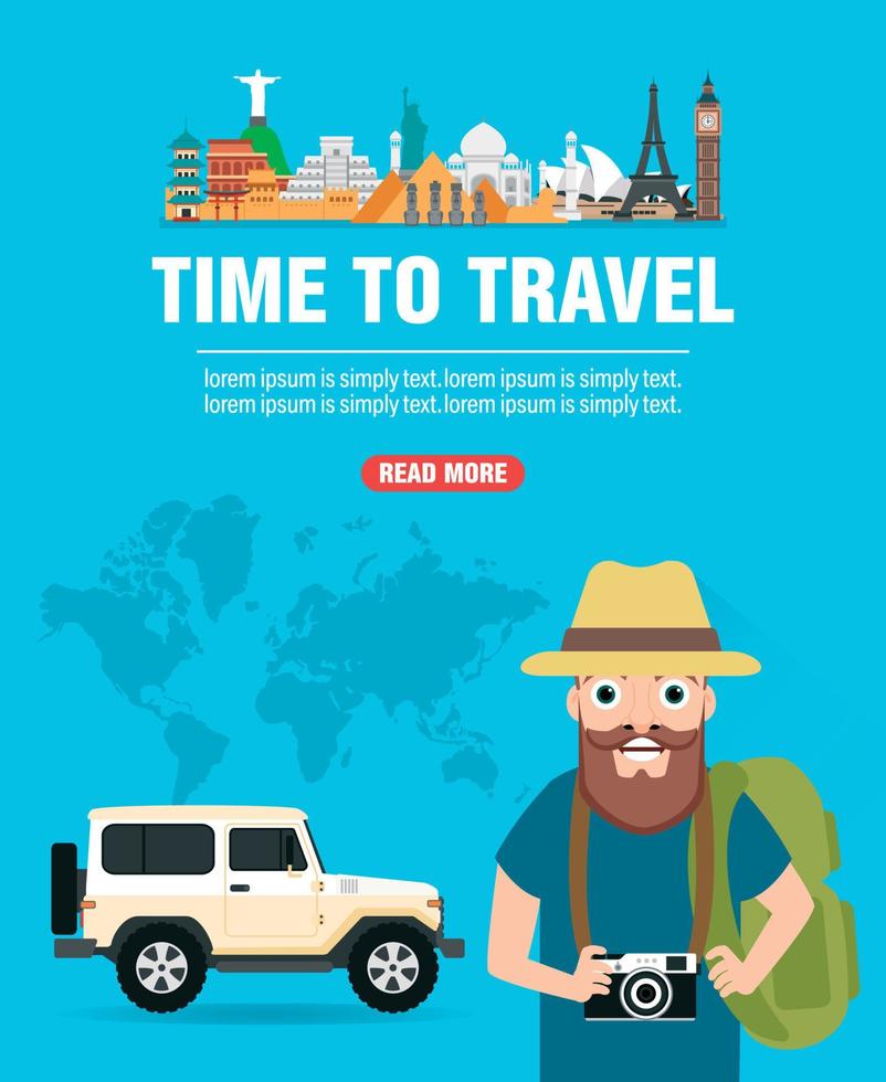 Time to travel design flat. Traveler on a modern suv car vector