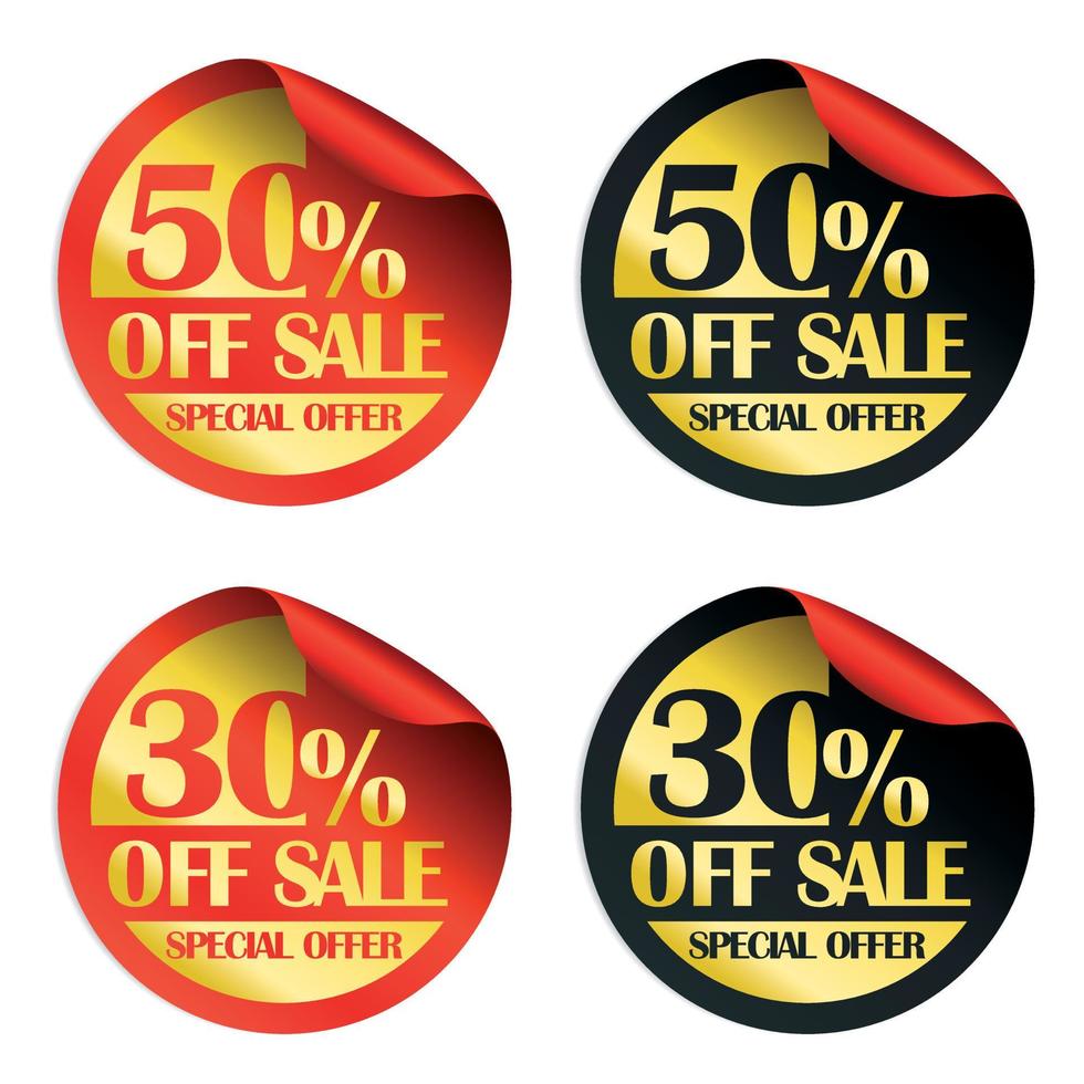 Red and black 50, 30 percent off sale, special offer stickers set vector