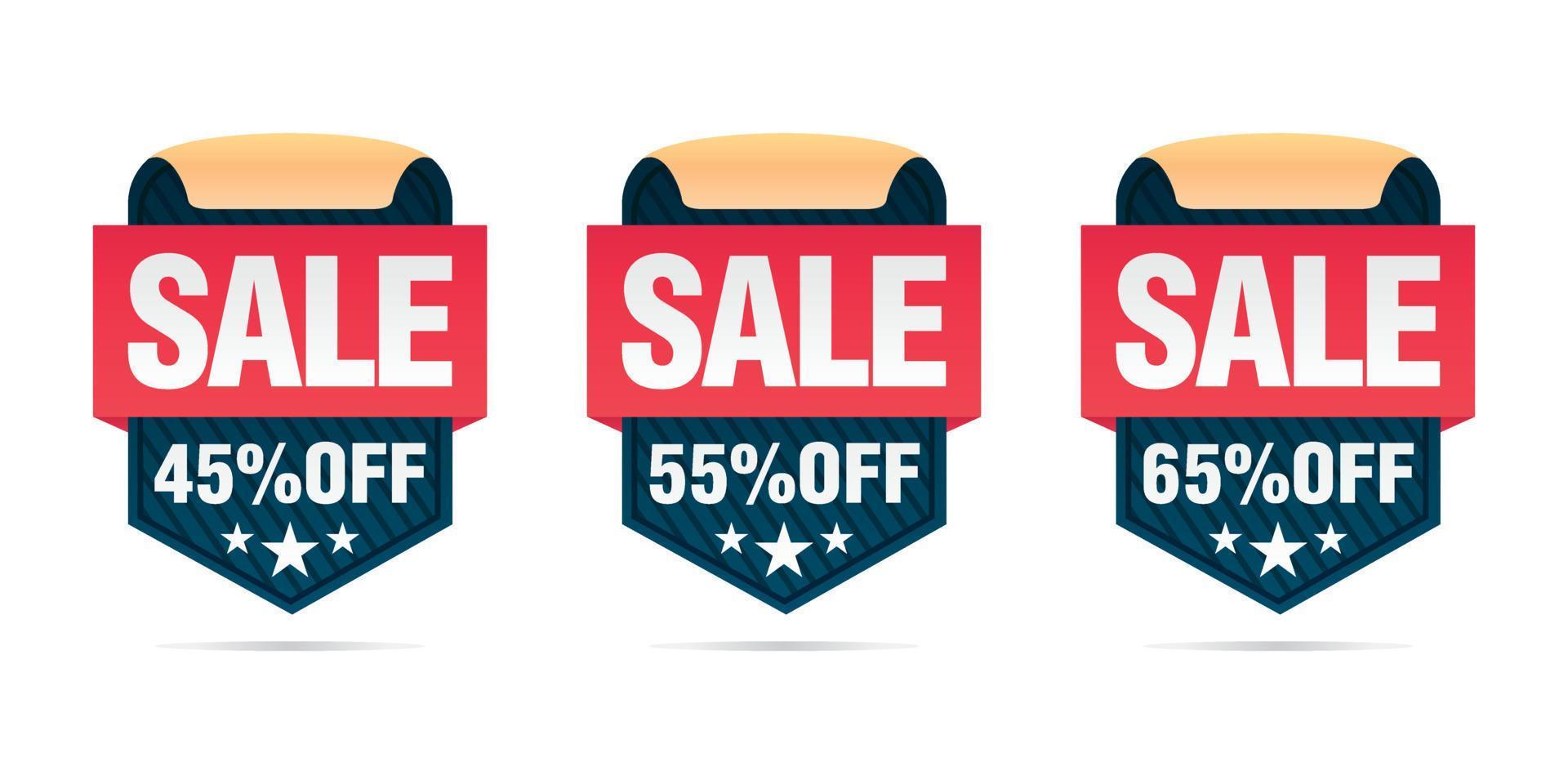 Retro set of sale badges 45, 55, 65 percent off vector