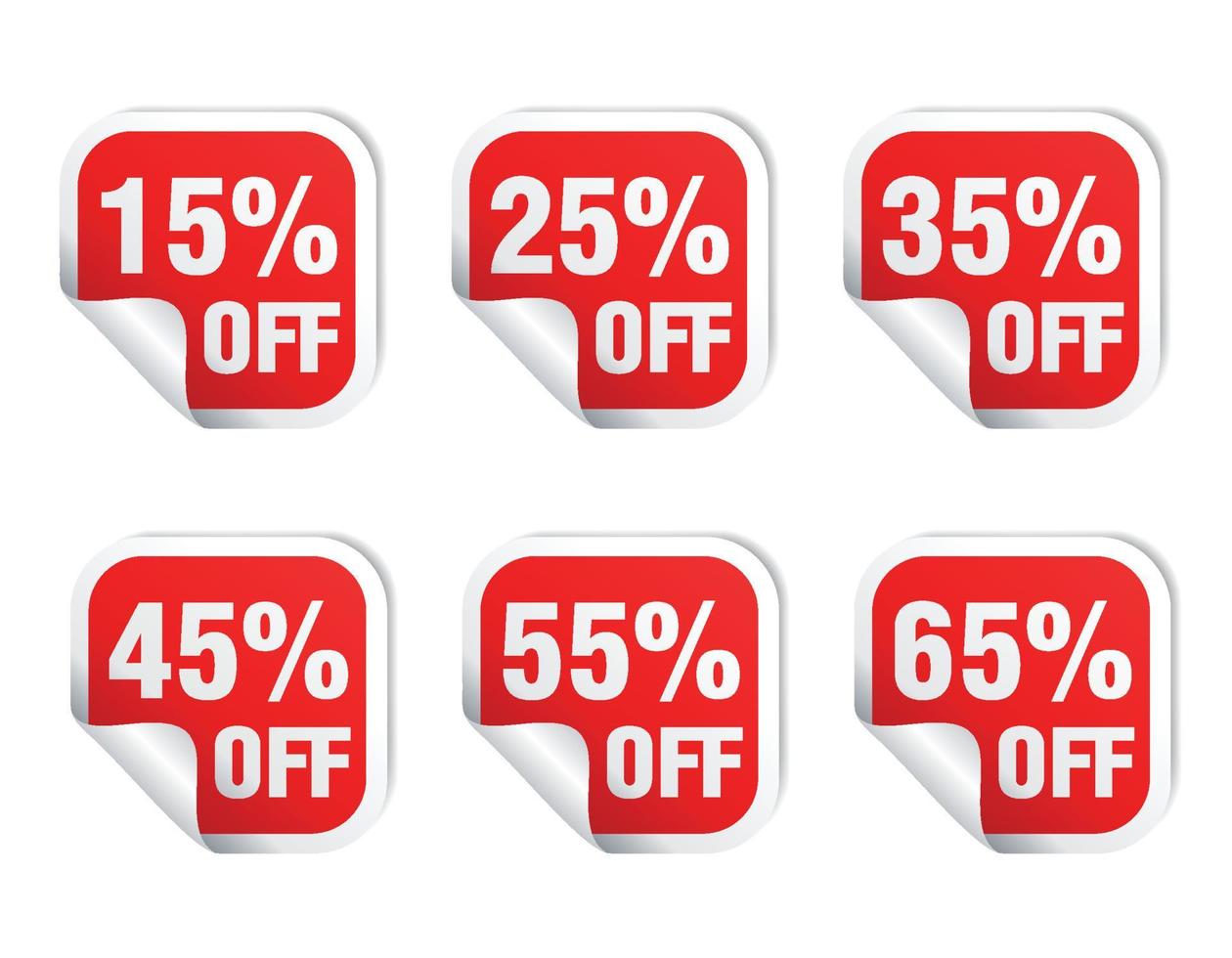 Sale red sticker icon set. Sale 15, 25, 35, 45, 55, 65 percent off vector