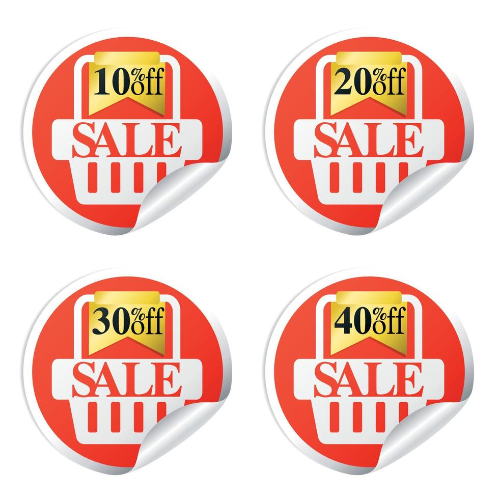 Sale stickers with shopping basket 10,20,30,40 percent off vector