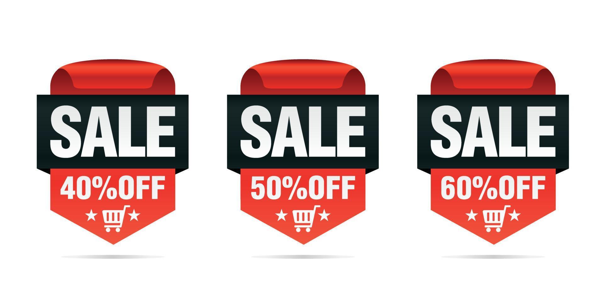 Red set of sale badges 40, 50, 60 percent off with shopping cart vector