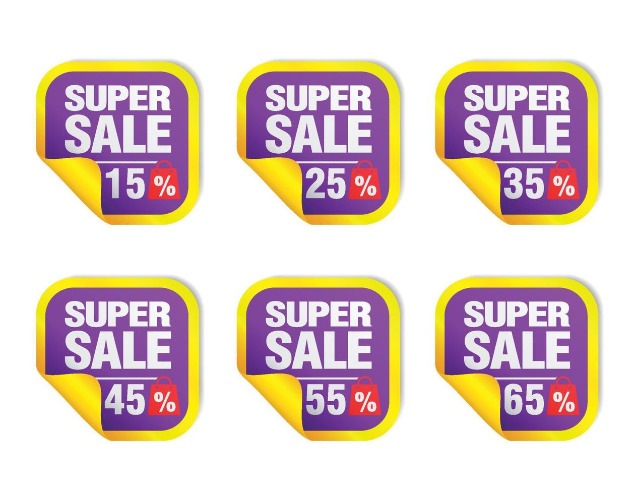 Violet sale stickers set. Sale 15, 25, 35, 45, 55, 65 percent off with package icon vector