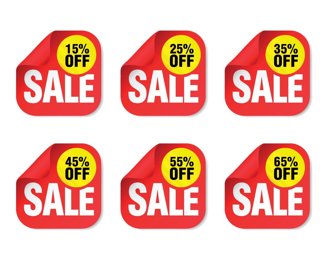 Sale red sticker set. Sale 15, 25, 35, 45, 55, 65 percent off vector