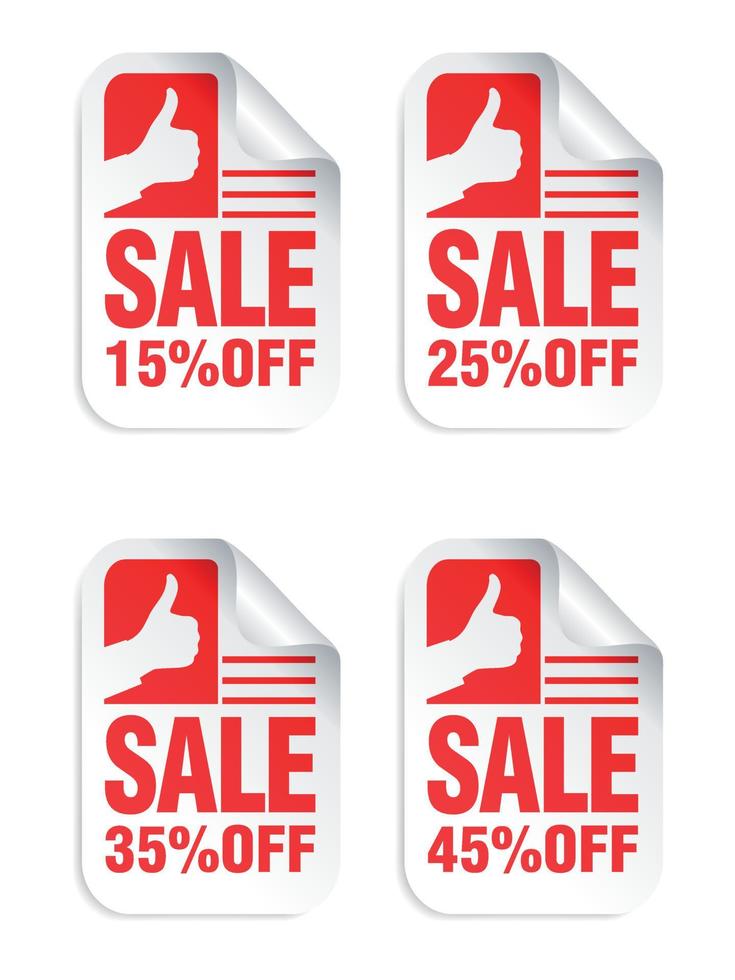 White sale stickers set with hand icon. Sale stickers 15, 25, 35, 45 percent off vector