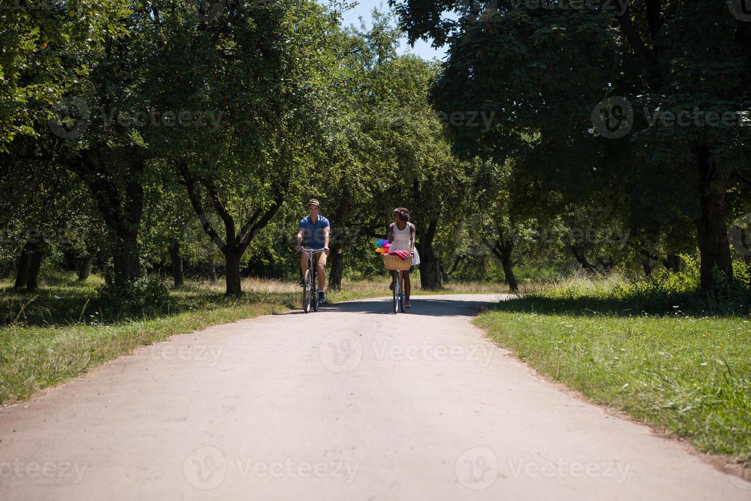 Young multiethnic couple having a bike ride in nature photo