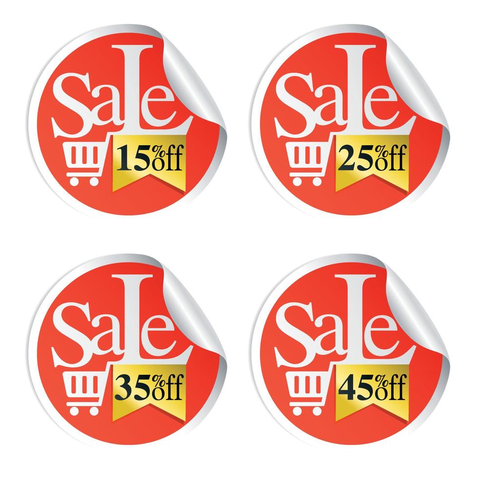 Sale stickers with shopping cart 15,25,35,45 percent off vector