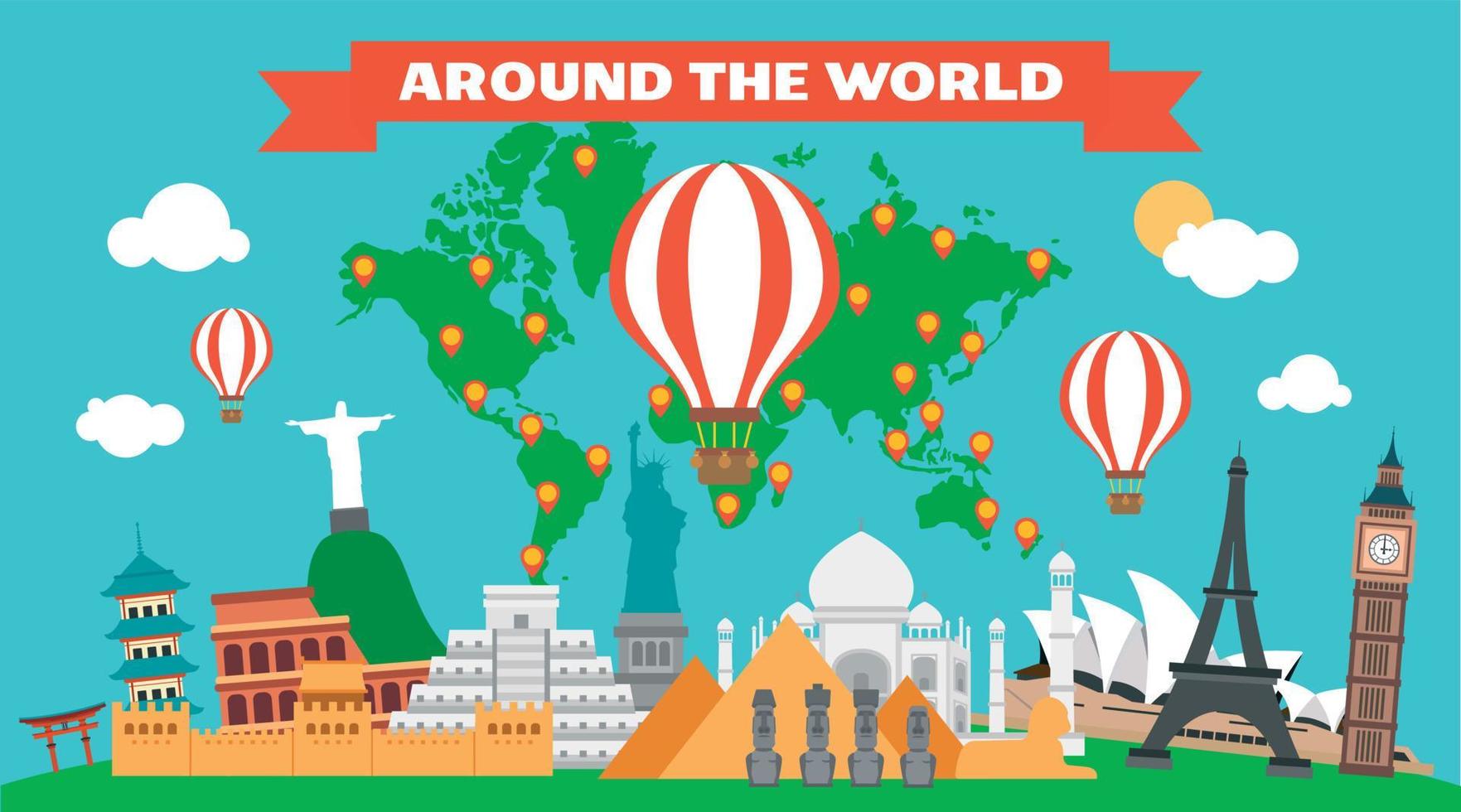 Around the world flat design with three balloon travel and map land vector