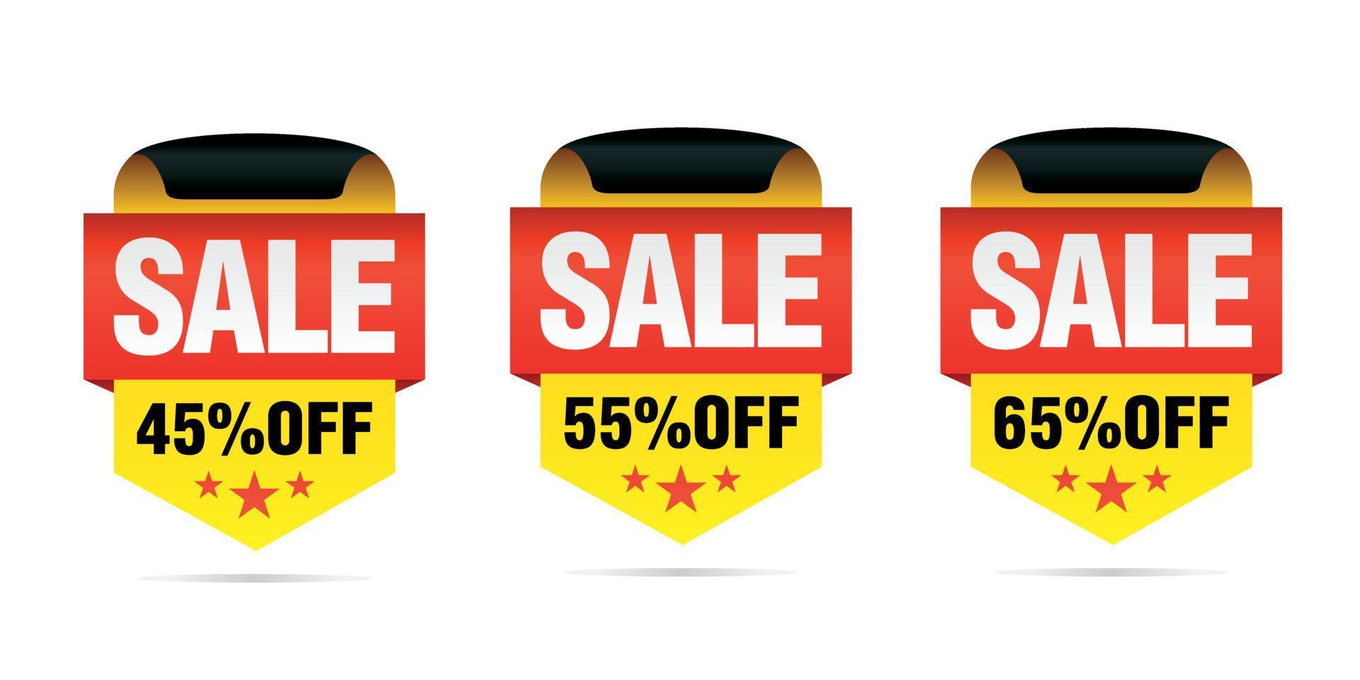 Yellow set of sale badges, 45, 55, 65 percent off with stars vector