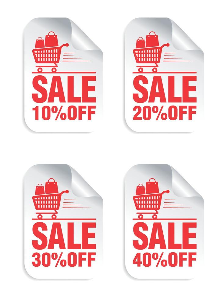 pegatinas blancas de venta con texto rojo, carro con icono de bolsas de compras. venta 10, 20, 30, 40 por ciento de descuento vector