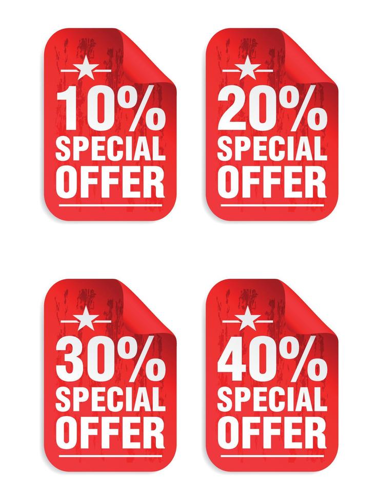 Red sale stickers special offer 10, 20, 30, 40 percent off vector